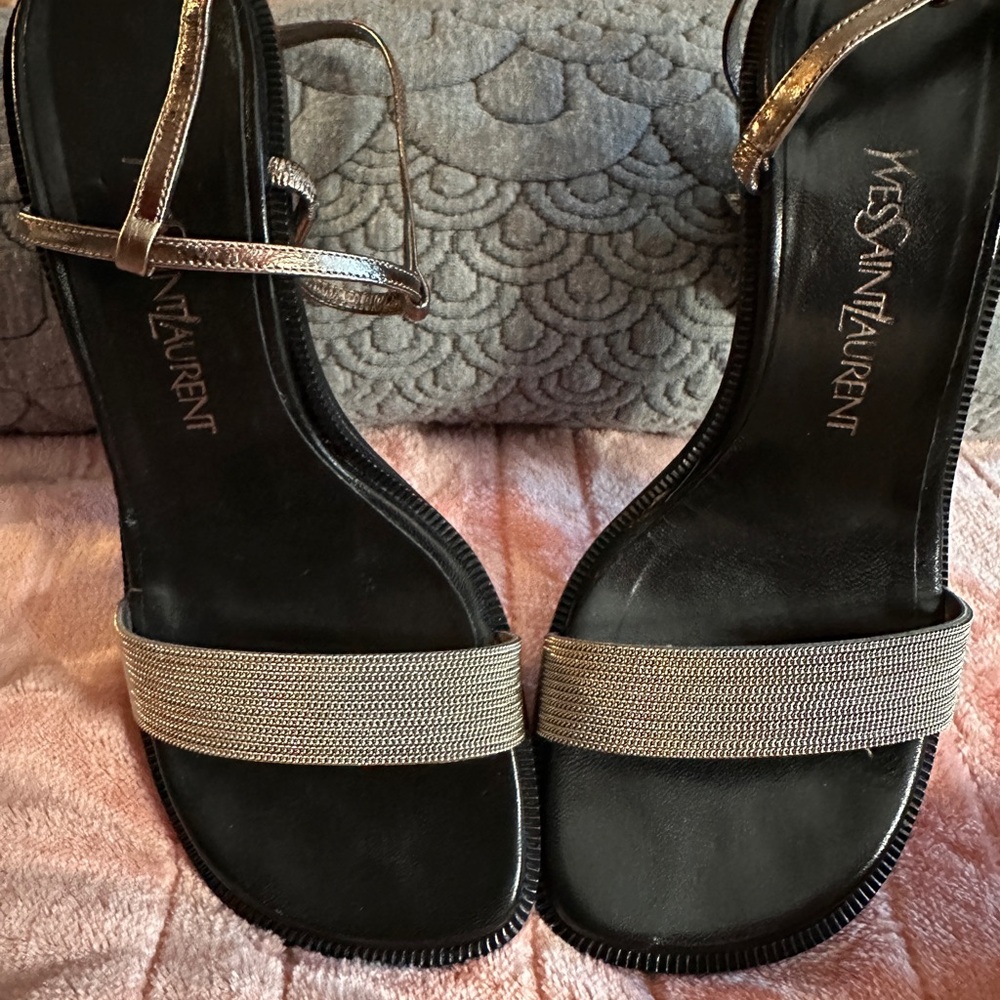 YSL Silver Chain Strappy Sandals 6.5 | Yves Saint Laurent Metallic Heels